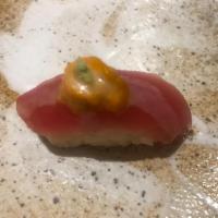 Tuna Uni Sushi · Uni on top the lean akami tuna  with wasabi mayo sauce.