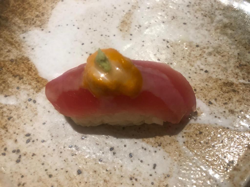 Tuna Uni Sushi · Uni on top the lean akami tuna  with wasabi mayo sauce.