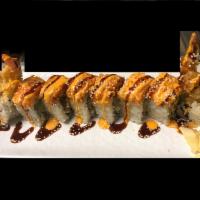Frozen Roll · Shrimp tempura, cucumber, mayo on top with spicy crunchy crab, tobiko, arare.