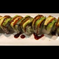 Dragon Roll · Eel and cucumber with avocado on top.
