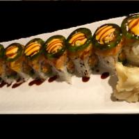 Fire Fire Fire Roll · Spicy tuna and seaweed salad on top with spicy crunchy salmon and jalapeno.