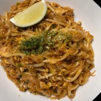 Pad Thai Shrimp · Stir-fried rice noodles with egg, peanuts, bean sprouts and scallions. Served with soup or s...