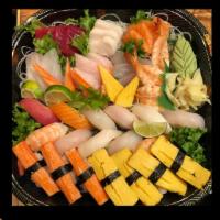 Platter B · 45 pcs Sushi or Sashimi. 5 pcs Tuna, 5 pcs Salmon, 5 pcs White Tuna,
 5 pcs Yellowtail, 5 pc...