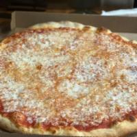 Plain Cheese Pizza · Round thin crust.