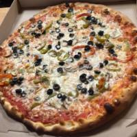 Veggie Pizza · Mushroom, pepper, onion, black olive, red sauce and mozzarella.