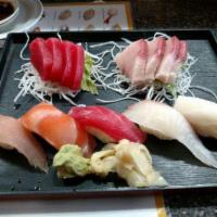 Sushi and Sashimi Combo · 6 pieces sushi and 10 pieces sashimi with choose of California roll or tuna roll or the salm...
