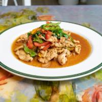Pad Ka Prow · Sauteed with spicy Thai hot peppers. Onions, fresh crushed garlic and garden basil leaves. 