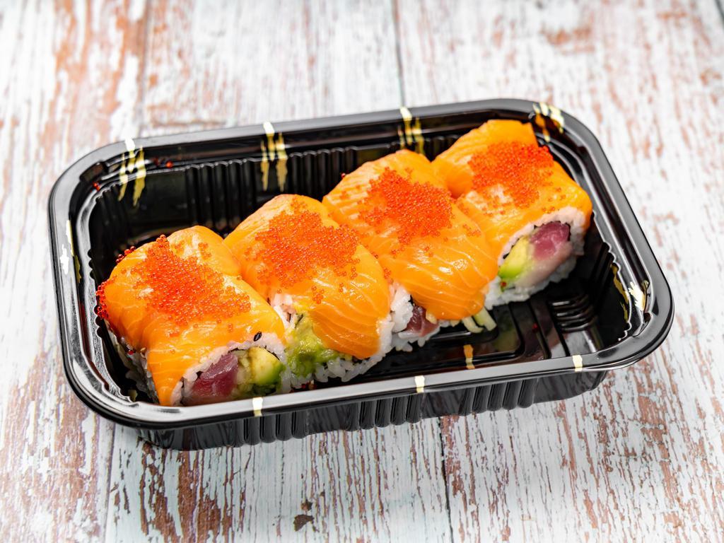 Diamond Roll · Inside:  tuna, yellowtail, cucumber, avocado. Outside:  salmon and tobiko. 