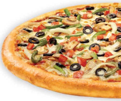 Veggie Classic Pizza · Homemade pizza sauce topped with 100% real Wisconsin mozzarella cheese, green peppers, mushrooms, black olives, tomatoes and onions.