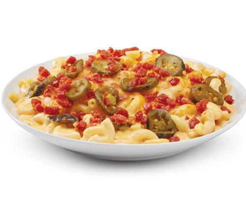 Jalapeno Popper Mac Mac N Cheese · Noodles smothered in 3 unique cheeses, topped with sliced fire roasted jalapenos, diced pepperoni and drizzled with cream cheese.