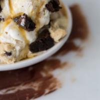 Caramel Dough (1 pint) · Cookie dough ice cream layered with chunks of brownies and sweet cream cookie dough with swi...