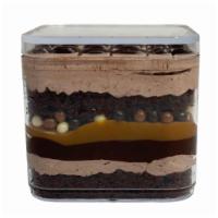 COCOAMEL SQUARE CUP · 8 OZ SQUARE CLEAR CUP WITH LID , CAN BE USE AS A GIFT !!]
Chocolate cake , layered with coco...