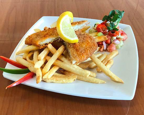 Fish and Fries · Served with salad.