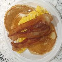 12B-3 Piece Buttermilk Pancakes with Scrambled Eggs & Bacon · 