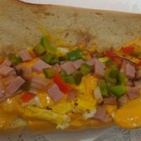 Western Boy Hero · 3 eggs, mixed bell peppers, onions & ham with melted cheese on a toasted hero