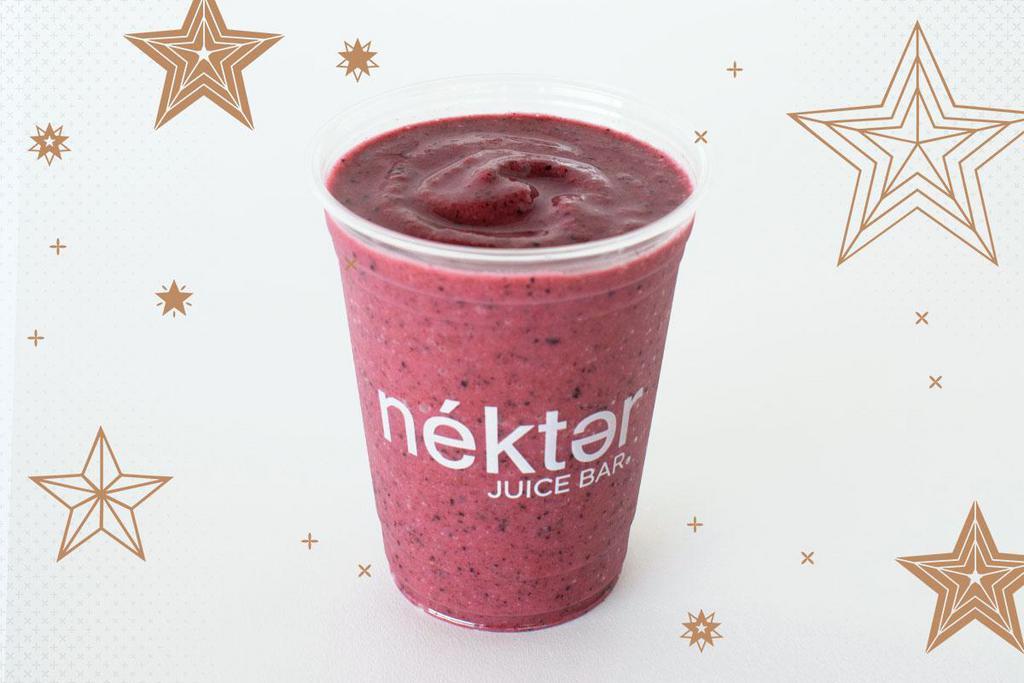 Elderberry Smoothie · A blend of elderberry, acerola cherry, blueberry, strawberry, housemade cashew milk and agave. Packed with vitamin C, antioxidants, and zinc to help you stay healthy this winter! (Note: Removing agave from the Elderberry Smoothie will result in a more tart flavor)