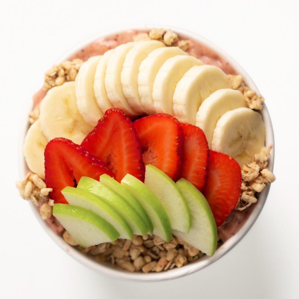 Almond Butter Bowl · This creamy sensation is the perfect for all almond butter lovers! Aa, banana, pineapple, strawberry, dates, almond butter, and housemade cashew milk blended together and topped with hempseed granola, fresh strawberry, banana, and agave nectar. Now also topped with green apple! 630 cal.