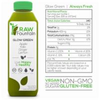 Glow Green, RAW, Cold-Pressed, All Natural, 16oz · Granny Smith Apple
Kale
Lemon
Ginger
