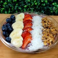 Ah Sah Ee Bowl · Frozen Acai, Frozen Banana, Coconut Milk
Top: Banana Slices/Strawberry Slices/Blueberries/Gr...