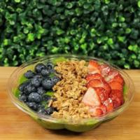 Green Mana Bowl · Matcha Powder, Kale, Frozen Banana, Frozen Pineapple
Top: Strawberry slices/Blueberries/Gran...