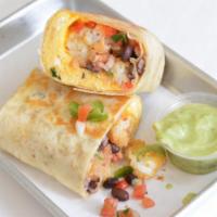 Huevos Rancheros Burrito  · 3 fresh cracked cage-free scrambled eggs, queso fresco cheese, grilled peppers and onions, f...