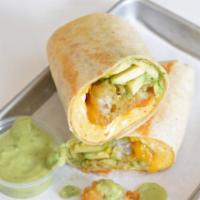 Baja Breakfast Burrito  · 3 fresh cracked cage-free scrambled eggs, melted cheddar cheese, avocado,  fire roasted blac...