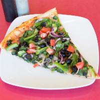 Veggie Pizza · Tomatoes, black olives, onions, fresh garlic, broccoli, spinach and mozzarella cheese.
