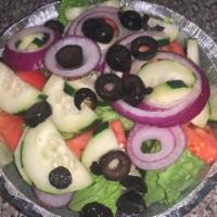 House Salad · Romaine lettuce tomato cucumber olives onion and your choice of dressing. Add chicken for an...