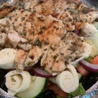 Tonino's with Chicken Salad · Romaine lettuce tomato cucumber olives onion fresh mozzarella grilled chicken breast with ho...