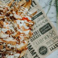 Buffalo Chicken Loaded Fries · Beer battered fries topped with fried chicken, hot sauce, ranch, and blue cheese crumbles