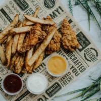 Chicken Dinner · Three fried chicken strips with O.G. fries