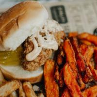 Chicken Sandwich with Fries · Chicken strip sandwich topped with pickles and mayo or chipotle aioli on a Hawaiian bun with...