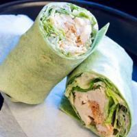 Caesar Wrap with Chicken · Romaine lettuce, Parmesan cheese, croutons, and Caesar dressing in a spinach tortilla.