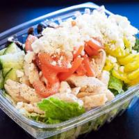 Greek Salad · Romaine lettuce, feta cheese, cucumbers, tomatoes, pepperoncini, onions, black olives, and b...