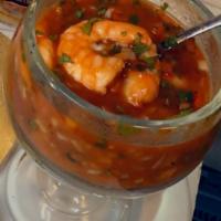 Coctel de Camaron · A soup with prawns, tomatoes onions avocado. No rice and no beans. ketchup tapatio lime and ...
