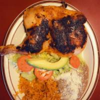 Pollo Asado  · Half grilled chicken marinated rice beans salad and guacamole 