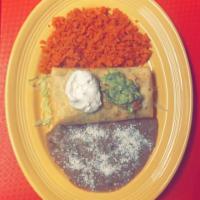 Chimichanga  · flour tortilla choice of meat rice beans and cheese deep fried rice beans sour cream guacamo...