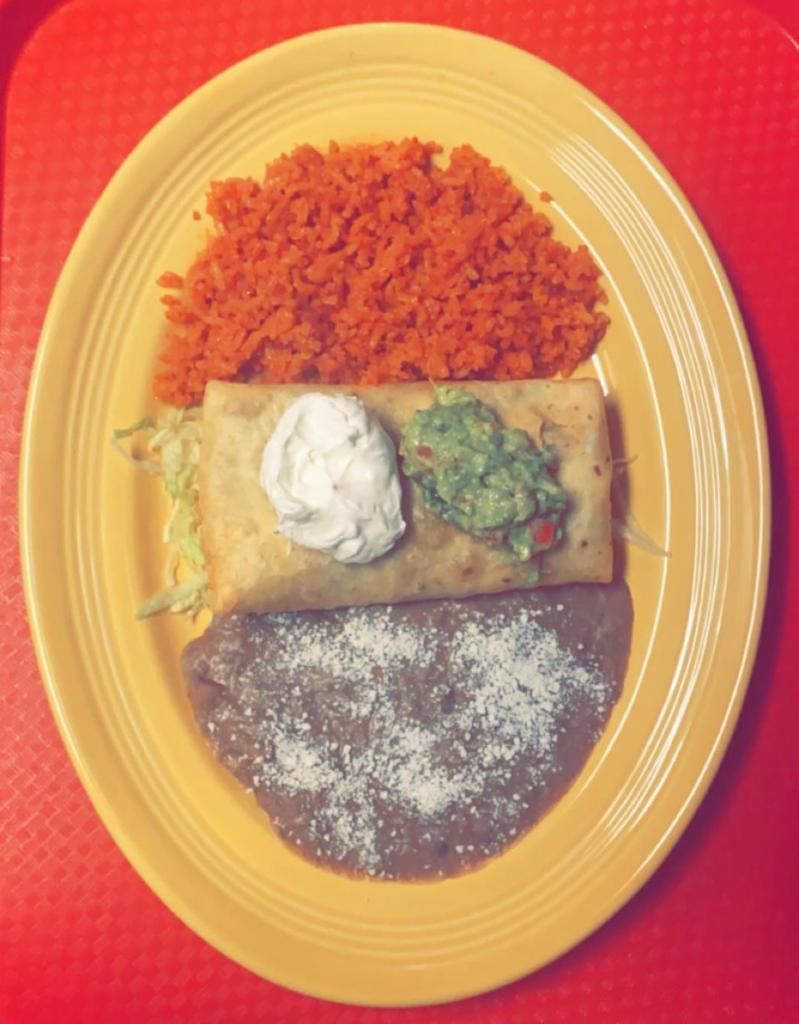 Chimichanga  · flour tortilla choice of meat rice beans and cheese deep fried rice beans sour cream guacamole 