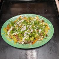 Asada fries  · fries meat cheese and cilantro  sour cream and guacamole 
