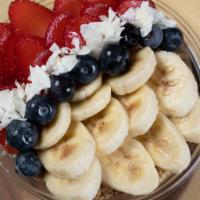 Pb Bowl · Acai blend with banana topped granola, with blueberries, strawberries and coconut flakes