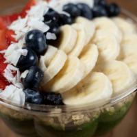 Kale Me Crazy Bowl · Kale blend with banana, pineapple. Topped with granola, bananas, blueberries, almond butter ...