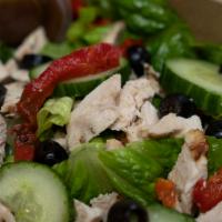 Grilled Chicken House Salad · grilled chicken, Romain Lettuce, red peppers, olives, cucumbers