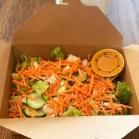 Grilled Chicken Ginger Salad · grilled chicken, Romain Lettuce, cucumber, carrot, ginger dressing