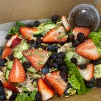 Berry Salad · Romaine Lettuce, Strawberries, Blueberries, Feta, Pumpkin Seeds, Cranberries, Cucumber, Bals...