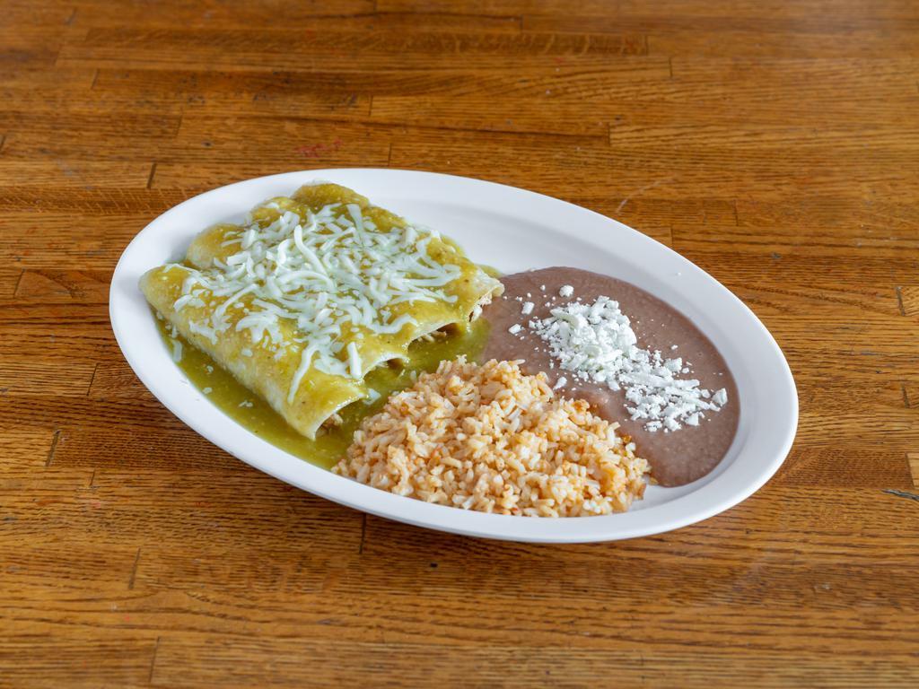 41. Enchilada Plate · Rice and beans (chicken) served with green tomatillo salsa.