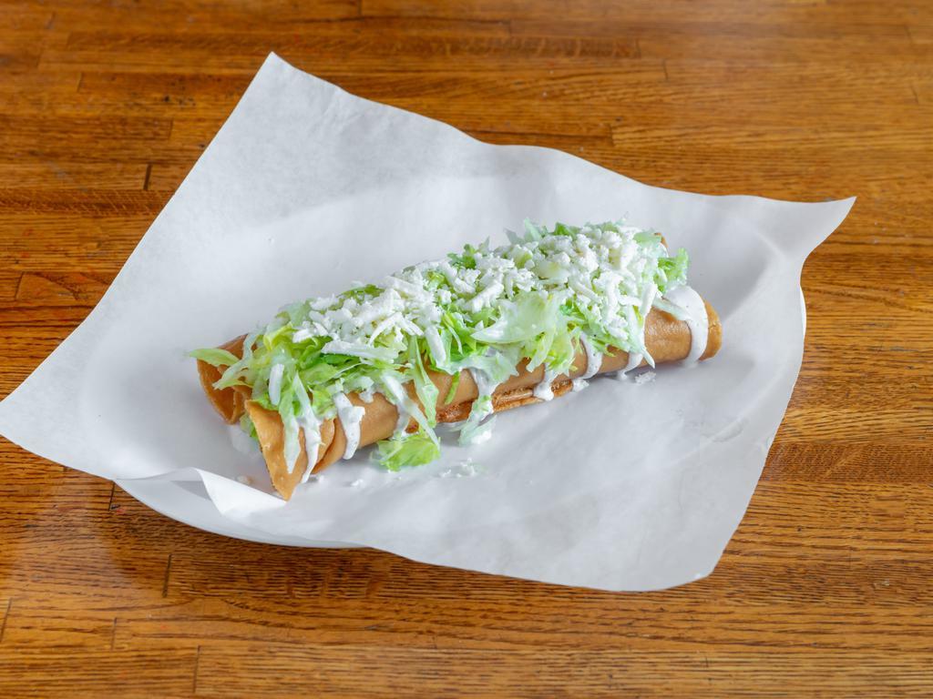 44. Flautas · Rolled taco with chicken comes with lettuce, Mexican cheese and sour cream.