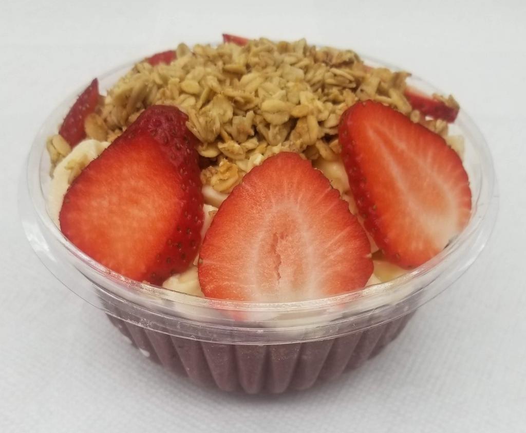 16 oz. Acai Berry Bowl · Organic acai blended with strawberry, blueberry, banana and almond milk. Topped with granola, banana and strawberry.