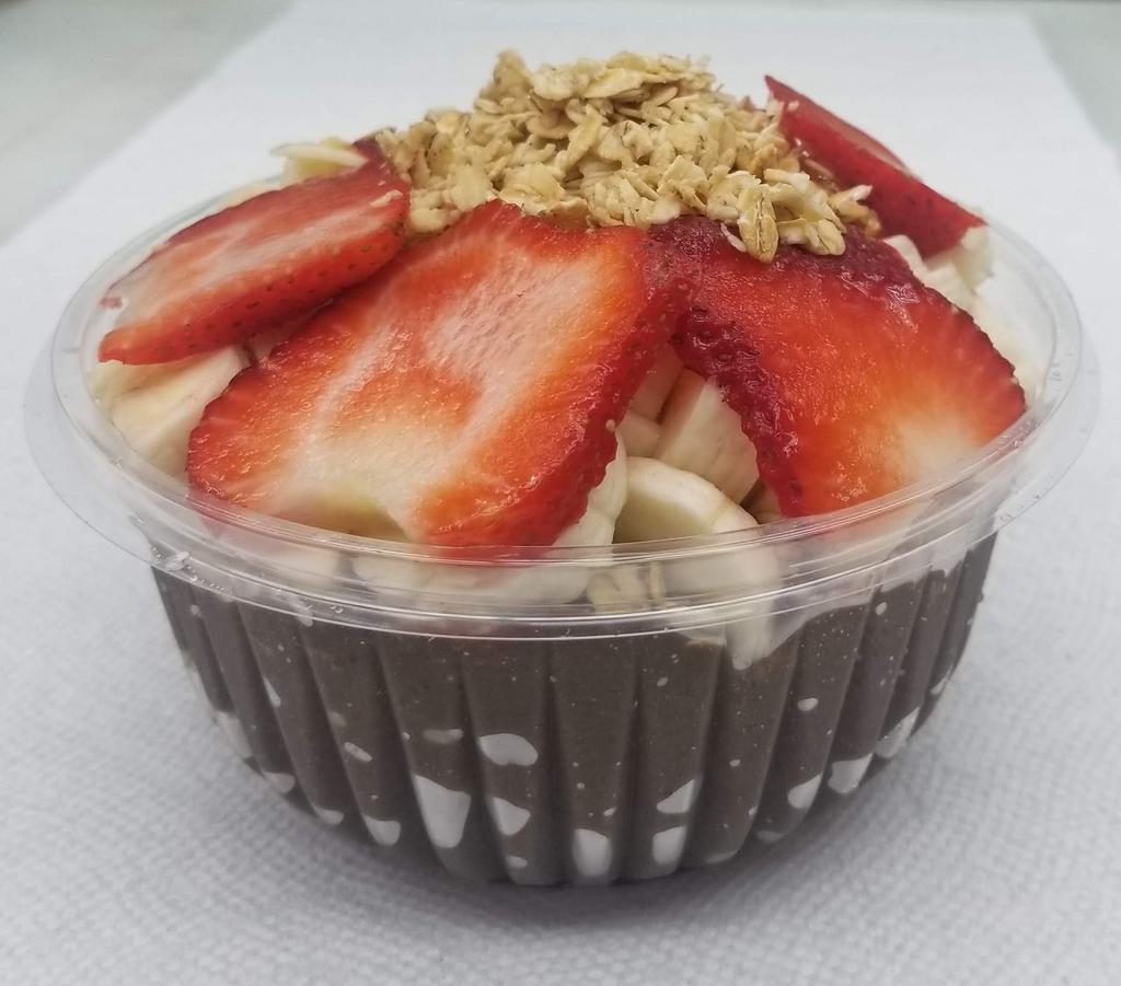 16 oz. Green Acai Bowl · Organic acai blended with spinach, kale, banana, strawberry and almond milk. Topped with granola, strawberry and banana.