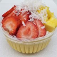 Mango Bowl · 16 oz. fresh mango blend topped with strawberry, pineapple and coconut flakes.