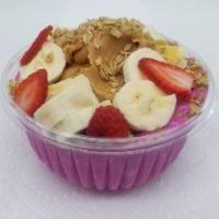 Peanut Butter Pitaya Protein Bowl · Organic pitaya blended with: banana, protein (22g), peanut butter, almond milk. Topped with:...